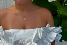 Load image into Gallery viewer, 14k gold plated cross with blue gem accent