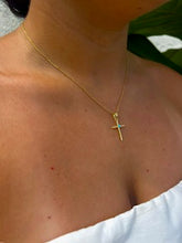 Load image into Gallery viewer, 14k gold plated cross with blue gem accent