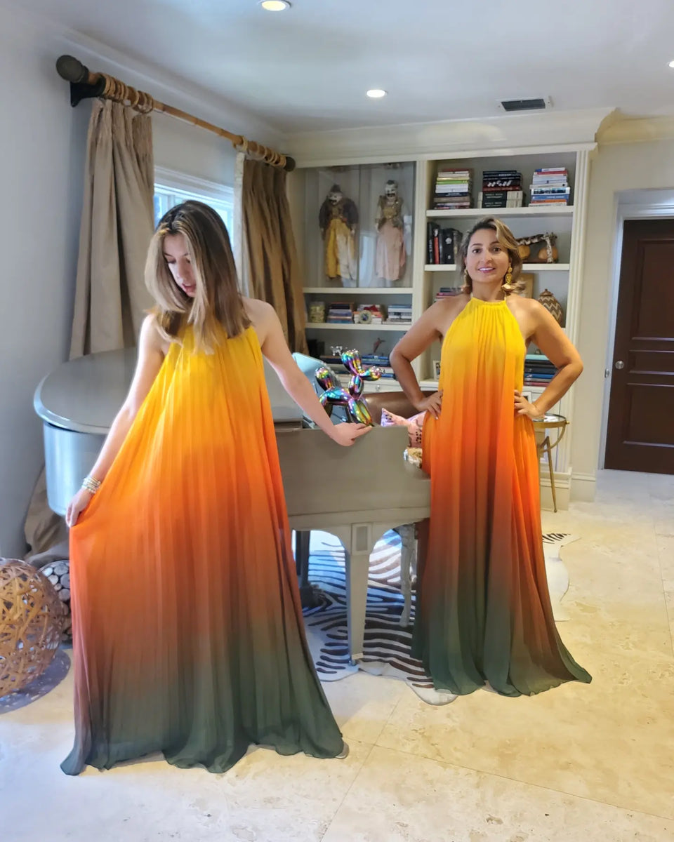 SUNSET OMBRE PLEATED MAXI DRESS – Warm Hearts Collection Miami