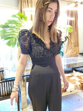 Load image into Gallery viewer, BLACK METALLIC LACE JUMPSUIT