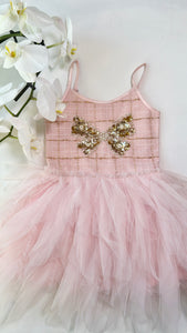 PINK TWEED TULLE BOW DRESS