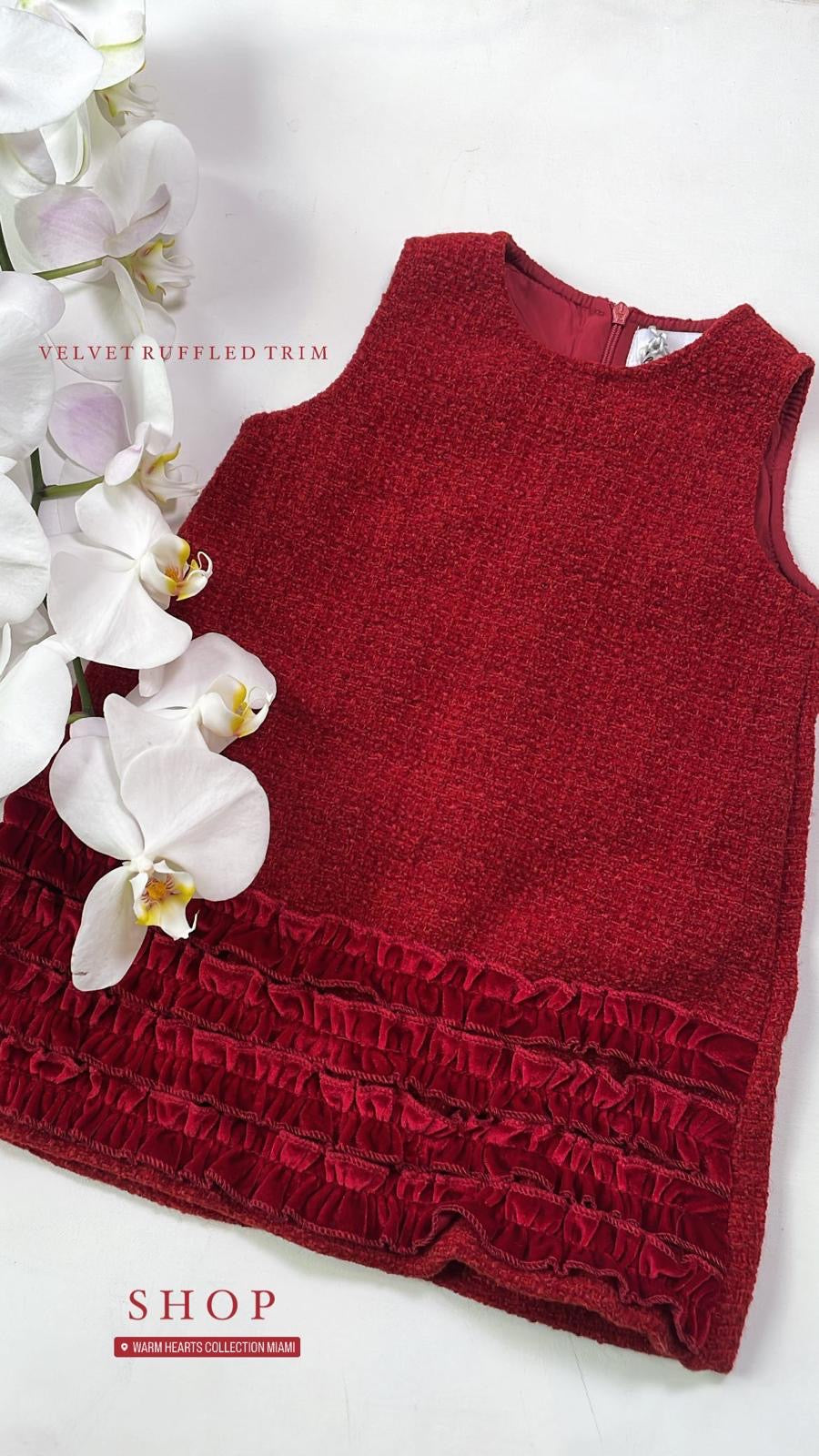RED TWEED RUFFLED TRIM DRESS