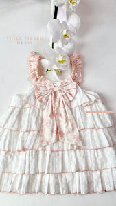 WHITE|PINK TOILE BOW TIERED DRESS