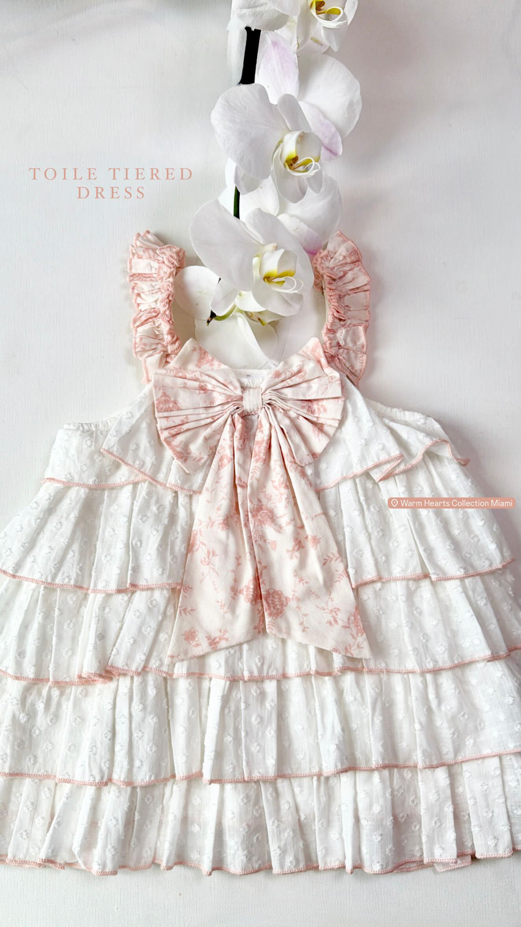 WHITE|PINK TOILE BOW TIERED DRESS