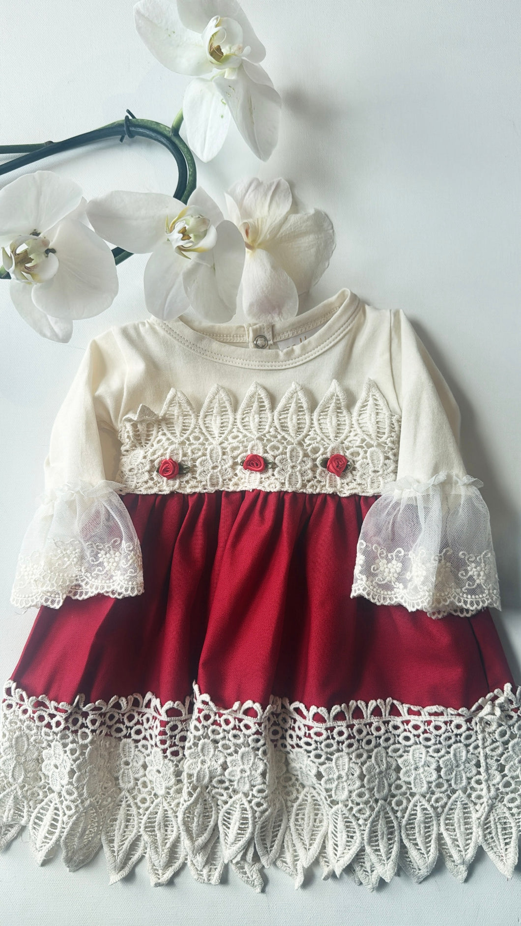 IVORY|RED LACE EMBROIDERY DRESS