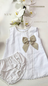 TAN FLORAL PRINT BOW DRESS