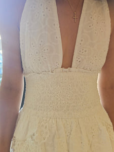 WHITE EYELET HALTER DRESS