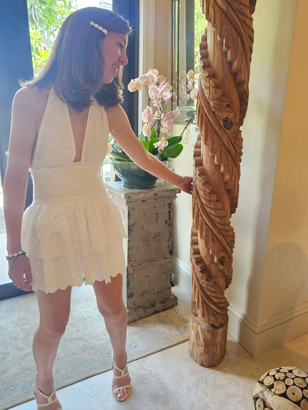 WHITE EYELET HALTER DRESS