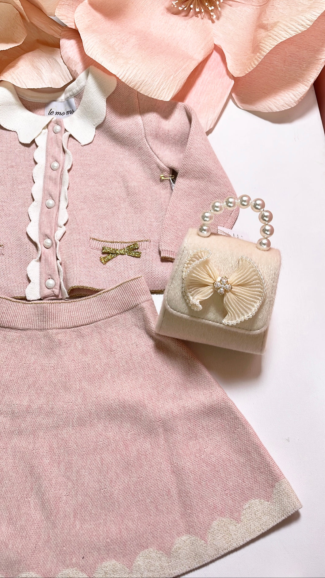 Pink Knit Cardigan Skirt Set