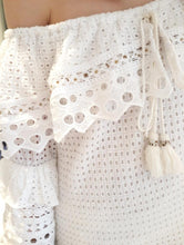 Load image into Gallery viewer, WHITE EYELET OFF-SHOULDER TUNIC DRESS
